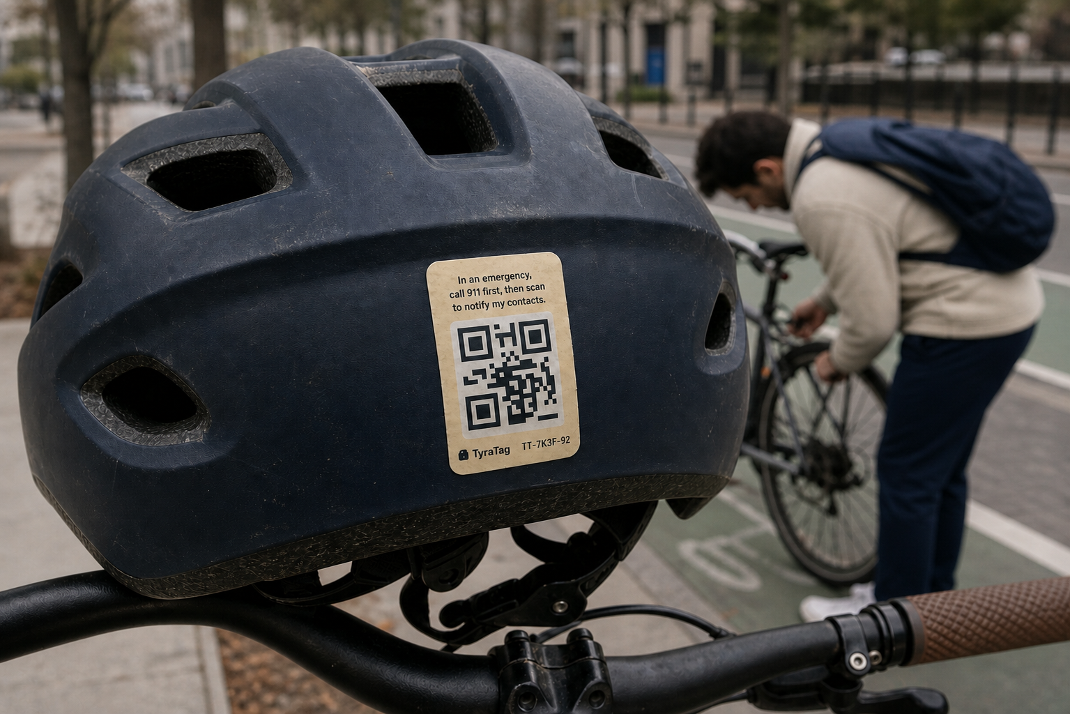 A TyraTag QR sticker on a bike helmet, reading: in an emergency call 911 first, then scan to notify my contacts