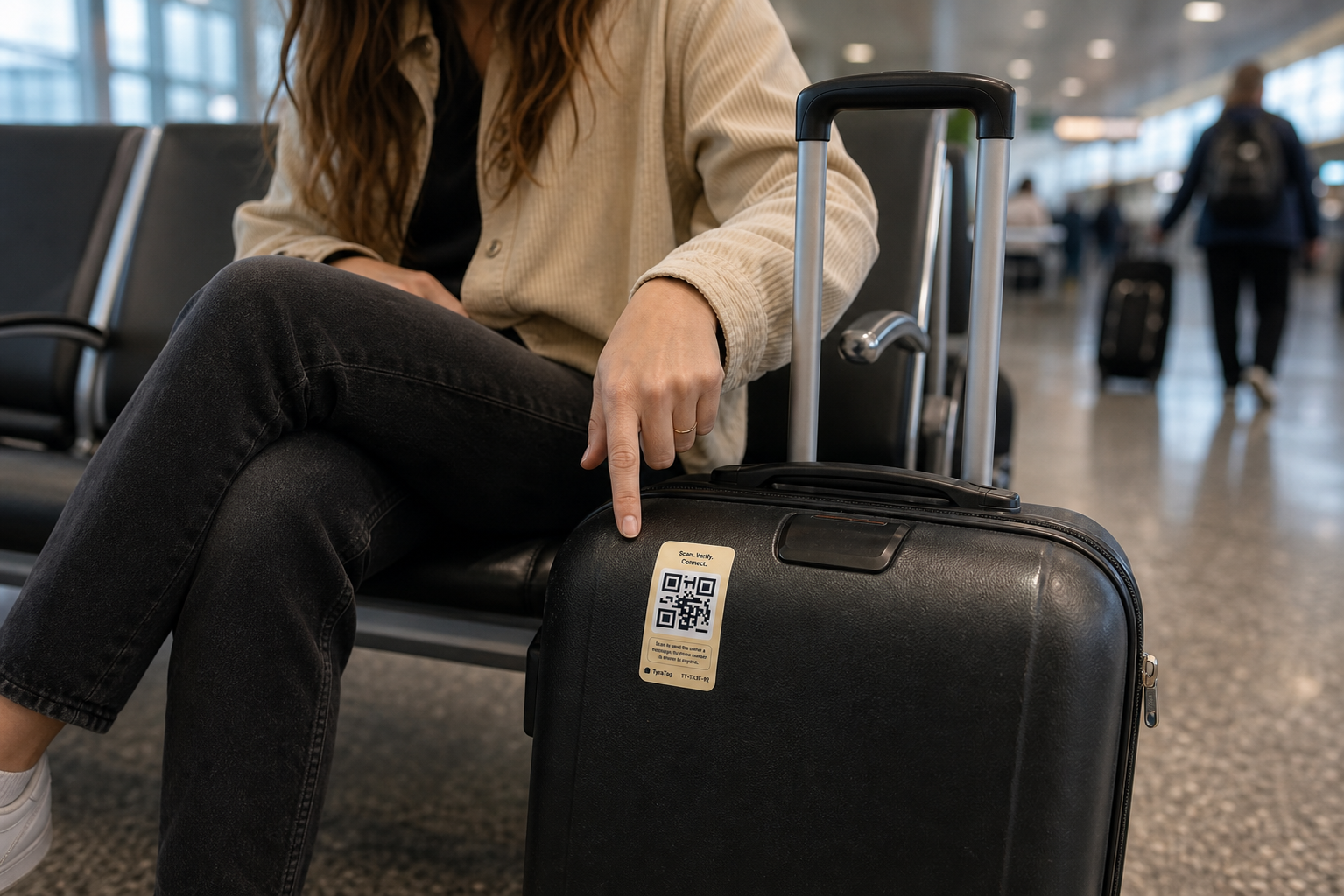 A traveler pointing at a TyraTag on her suitcase at the airport